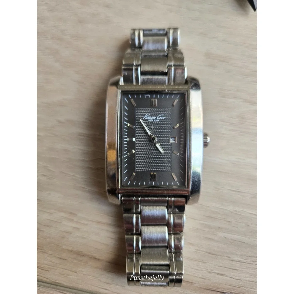 Kenneth Cole Watch Mens Rectangular Tank Date Steel Bracelet Quartz vtg
